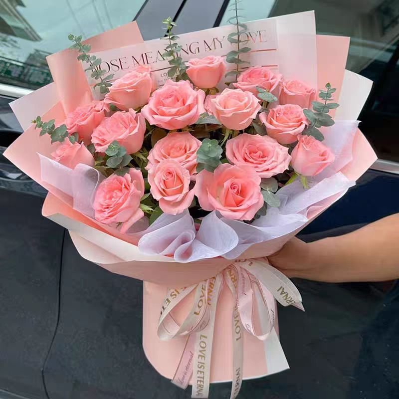 甜美如你- 19朵粉玫瑰，尤加利丰满间插